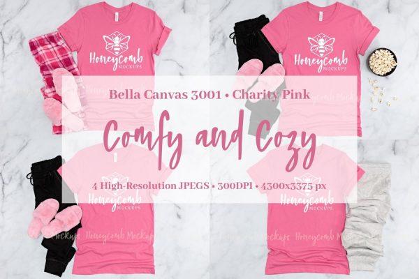 Charity Pink Bella Canvas 3001 Mockup Bundle, Women s Pink T-Shirt Mockup, Comfy and Cozy Mockup For Cheap