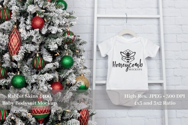 Christmas Baby Mockup, White Rabbit Skins 4400 Mockup, Baby Bodysuit Mockup Online Sale