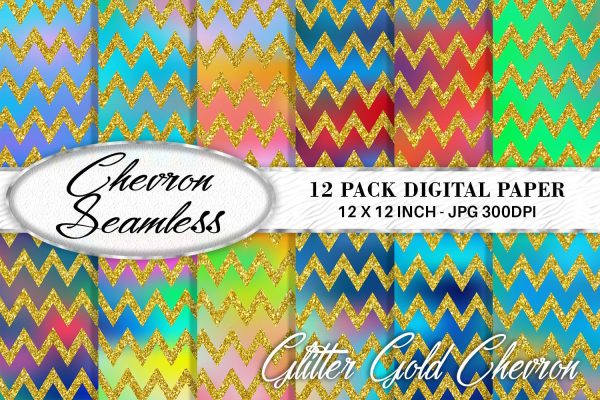 chevron gold glitter pattern digital paper on gradient rainbow color background Fashion