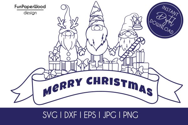 Merry Christmas banner with 3 gnomes SVG DXF EPS JPG PNG file for cutting on Sale