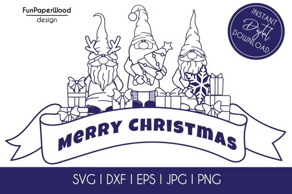 Merry Christmas banner with 3 gnomes SVG DXF EPS JPG PNG file for cutting For Cheap
